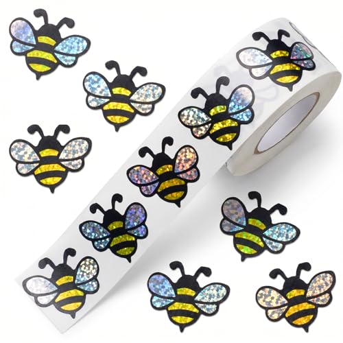 Sparkly Bee Stickers 500Pcs 1.5 Inch Bumble Bee Stickers Self-Adhesive Holographic BeeSticker for Crafts Cute Honeybee Reward Decals for Planner Envelope Scrapbook DIY Supplies