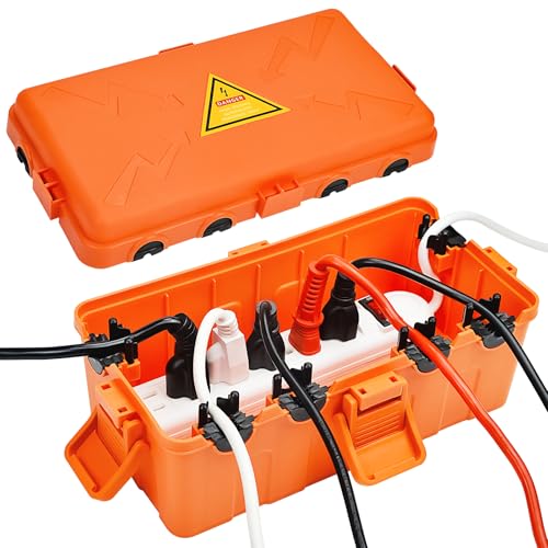 Image of Hrensaw Medium Outdoor Electrical Box(10.6x5.5x4.5inch),Weatherproof Connection Box w /6 Cable Entry,IP54 Waterproof Extension Cord Cover Protect Power Strip,Timer,Plug,Holiday Lights,Orange