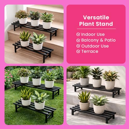 Image of Garden Genie Square Plant Stand Set of 2 | Heavy Duty Iron Plant Stand for Indoor & Outdoor Use | Pot Stand for Indoor Plants | Planter Stand for Balcony (Black)
