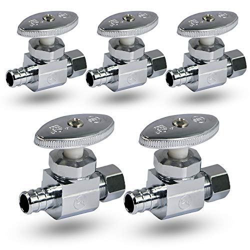 Image of Midline Valve 72512QS-OM-5 Water Supply Stop Valve with Multi-Turn Wheel; Straight Shut-off for Toilet, Sink, Dishwasher, Heater; 1 /2'' PEX B x 3 /8'' Compression; Chrome Plated Brass (5 PK)