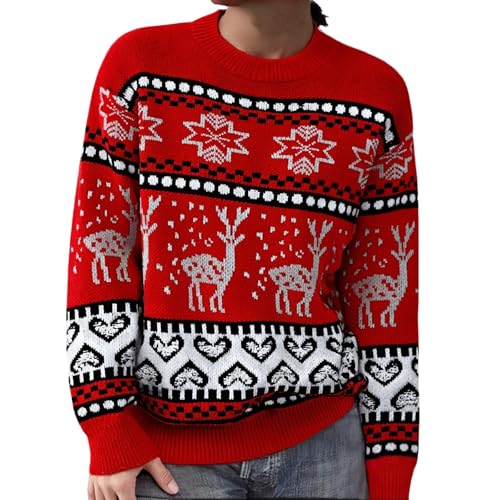 Suéter de Navidad para mujer, tejido holgado, hombros caídos, renos, copos de nieve, corazones, gráficos, suéter de Navidad, rosso, S