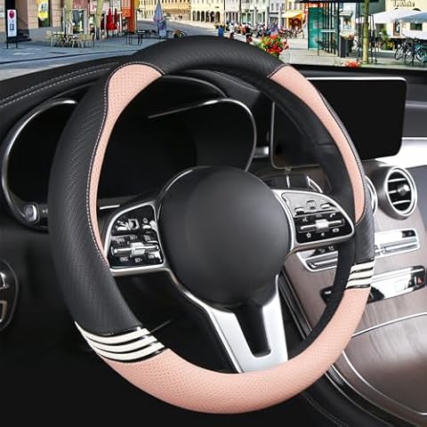 Binsheo Cute Steering Wheel Cover for Women Men Leather Universal 15 inch,Black and Pink Cover