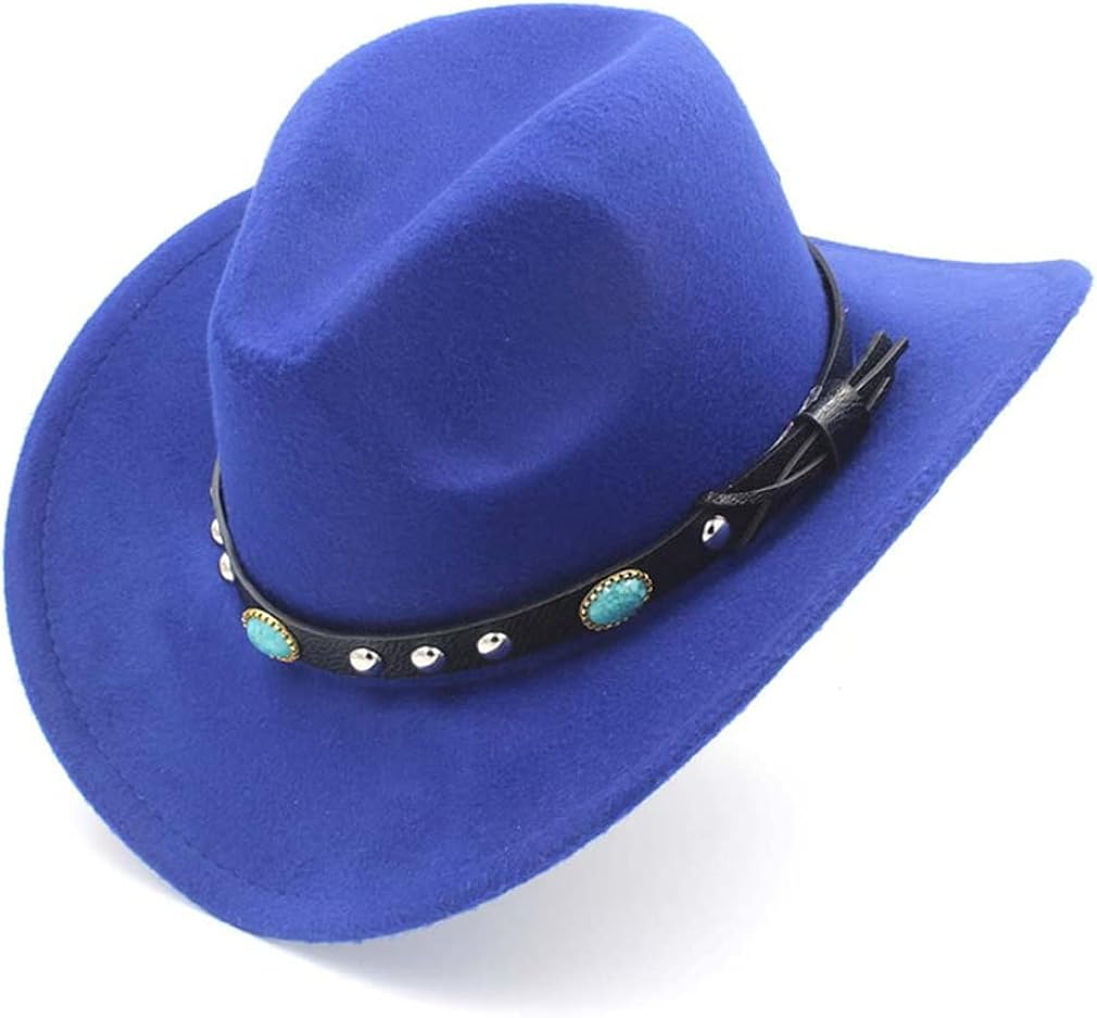 Men Womens Western Cowboy Hat with Roll Up Brim Felt Cowgirl Sombrero Caps with Turquoise Leather Belt (Black), 7 1/4 at  Men’s Clothing store