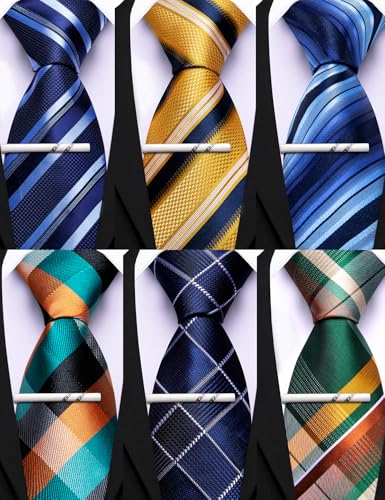 Image of Barry.Wang Mens 6 PCS Ties Silk Striped Paisley Check Floral Necktie Silky Woven Wedding Business Party Ties 3.34 inch