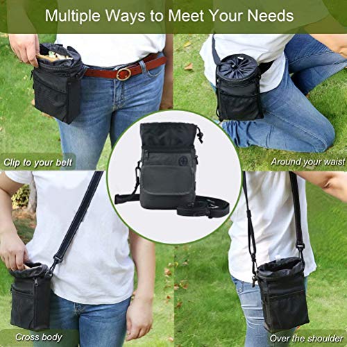 HANWELL Futterbeutel für Hunde Leckerlies, Hundeleckerlitasche mit Poop Spender-Verstellbarer Taillen/Schulterriemen, Mehrfachtaschen für Tragende Hunde Kibble und Spielzeug (Schwarz, Fußballmuster)