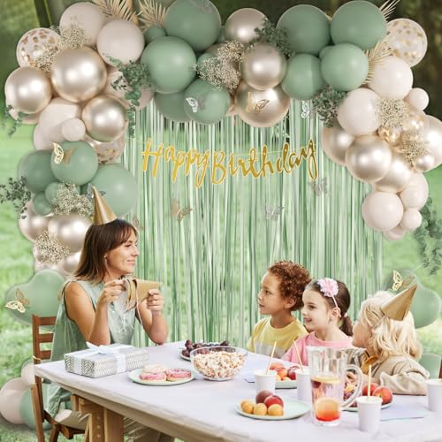 Sage Green Birthday Party Decorations with Happy Birthday Banner Green Fringe Curtain Butterfly Decorations Foil Balloons Happy Birthday Decorations for Women - Image 6