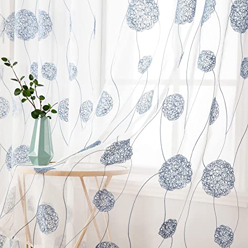 MIULEE Embroidery Sheer Curtains Flora Design Grommet Window Curtain Semi Voile Drapes Panels with Eyelets Window Treatments for Living Room Bedroom 2 Panels 55" W x 69" L Navy