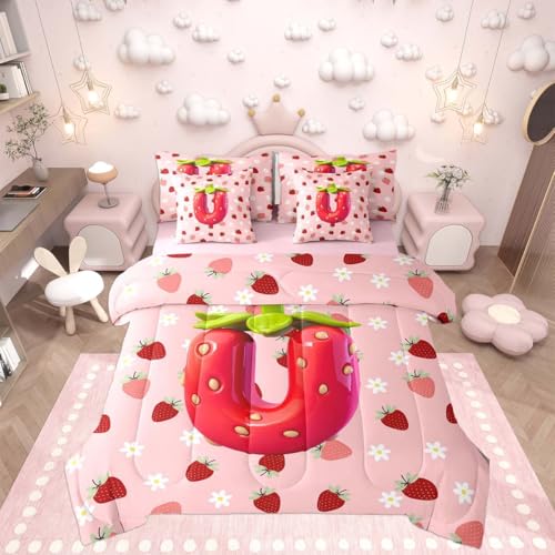 Image of Feelyou Girls Pink Red Strawberry Comforter Set with Sheets 7 Piece Twin Size Initial Letter U Bedding Set for Kids Boys Girls Princess Strawberry Bed in a Bag Room Decor Soft Lightweight Microfiber