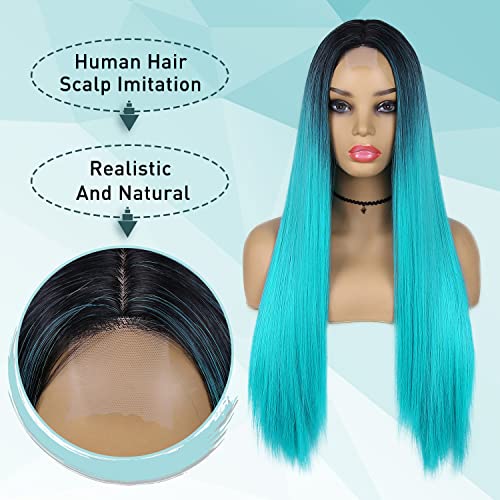 Wiger Straight Bluish Green Wig For Women Ombre Teal Blue Wigs Long Straight Turquoise Wig Hair Middle Part Heat Resistant Synthetic Blue Mermaid Wigs Cosplay Party Costume Wig #TOP2