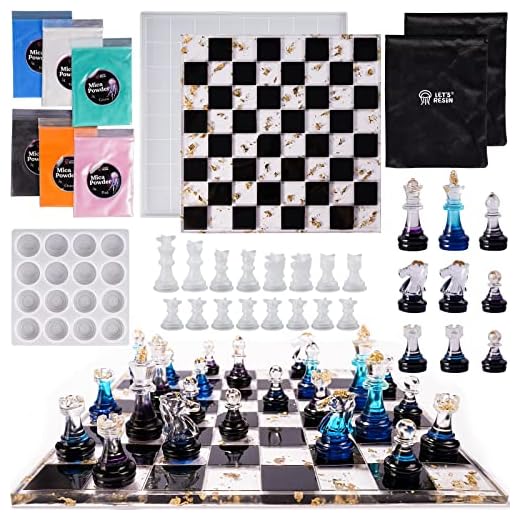 LET'S RESIN Chess Molds for Resin Casting, Upgraded Resin Chess Set Mold with 16 Piece 3D Full Size Chess Checkers & Chess Board Epoxy Silicone Resin Molds, DIY Chess Board Game, Christmas Gifts