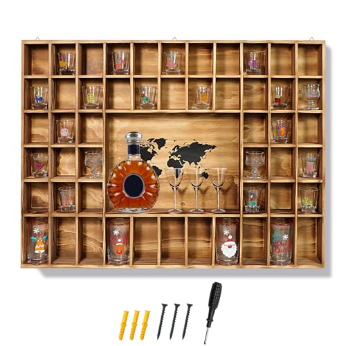 Kerty Wooden Shot Glass Display Case with World Map, 31.5 X 23.5 Inches Wall-Mounted Shotglass Display Cabinet with 2 Different Size Slots for Living Room, Dining Room, Kitchen & Bar