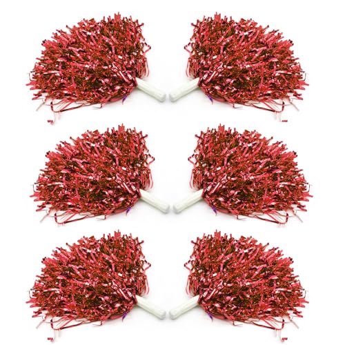 Wildarms 6PCS pom poms Cheerleading with Handle Rings - Perfect for Sports Teams, Dance Training, and Party Celebrations (Red-6pcs)
