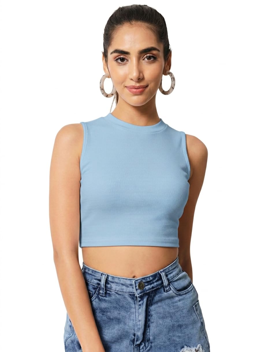 Women Solid Ribbed Knit Sleeveless Crop Top-image-47