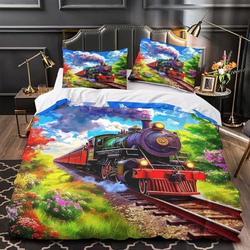 Housse de couette train imprimé 3D microfibre de qualité style rétro 260x220 - 2