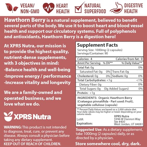 Image of XPRS Nutra Hawthorn Berry Capsules - 180 Count (90 Day Supply) of Premium Hawthorne Berry Capsules for Cardiovascular Support - Vegan Friendly Hearth Health Supplement