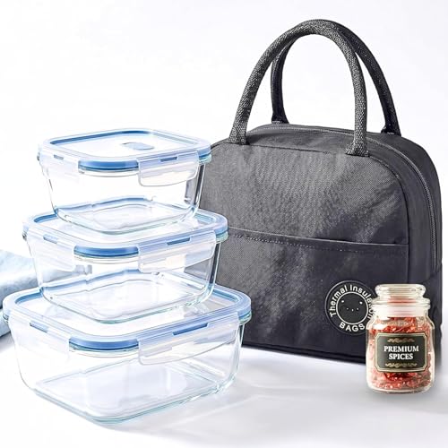 Image of ALTITUDE Borosilicate Glass Food Storage Containers Set of 3 with Airtight Locking Lids, 340ml 500ml 820ml, Insulated Lunch Bag & 120ml Glass Jar, Microwave Oven Freezer Safe