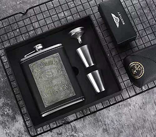 Image of AUGEN Hip Flask Stainless Steel Leak Proof Jack D Black Silver Leather Stiched 8oz (230ml) Liquor Pocket Flasks or Alcoholic Beverage Holder Set with Two Shot Glasses and Funnel Gift Set