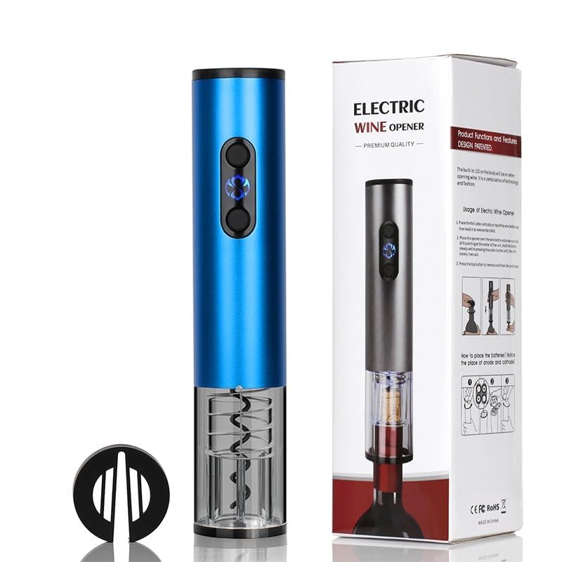 Image of COKUNST Electric Wine Corkscrew Bottle Opener with Foil Cutter & LED Light | Battery Operated Automatic Wine Opener for Home, Party & Restaurant Use - Blue