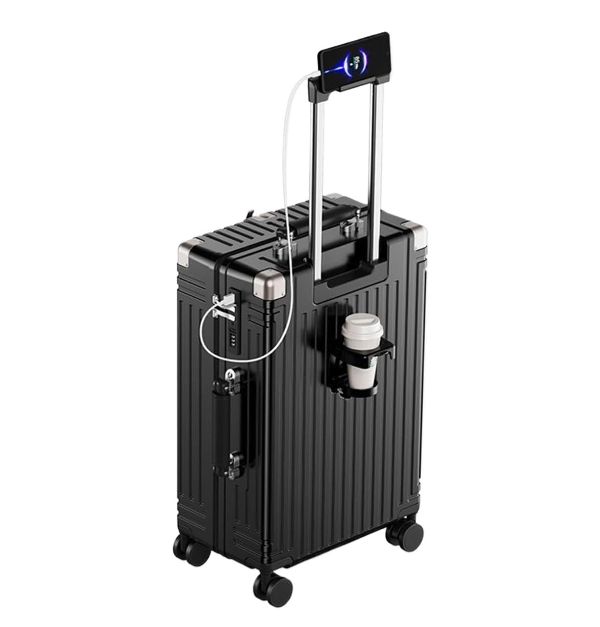 Maleta Equipaje con Ruedas Giratorias Y Portavasos Maleta Multifuncional Equipaje de Mano(Black,22inch)