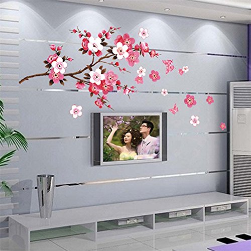 Bibitime Cherry Blossom Wall Decal Stickers Pink Flying Butterfly Sticker Girl Floral Wall Decor Flower Decals Art Mural For Nursery Kids Girls Bedroom,Diy Size: 64.96 Inches X 29.53 Inches #TOP1