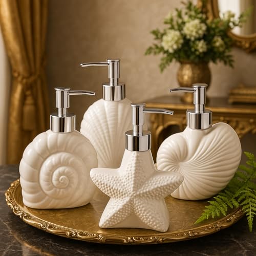 Image of Whizzo Ceramic Shell Shaped Liquid Soap Dispenser with Chrome Pump | Elegant Bathroom & Kitchen Accessory | White Glossy Finish | Refillable Handwash Lotion Bottle (420ML, LD-212, Design4)