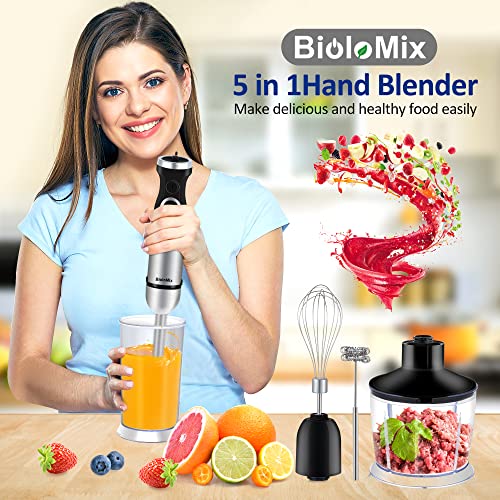 Image of BioloMix Hand Blender 5 in 1 Immersion Blender 1000W, 6 Speed With Turbo Mode hand blenders immersion Stainless Steel Blade With 800ml Chopper, 600ml Mixing Beaker, Whisk and Milk Frother