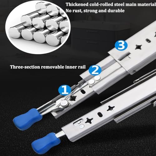 Industrial Heavy Duty Drawer Slide with Lock 250lb Load Capacity Drawer Rails 3-Fold Full Extension, Ball Bearing Rails Track Glides, Side Mount, 1-Pair(500mm/20inch), JETTEQKBB-500MM/20INCH
