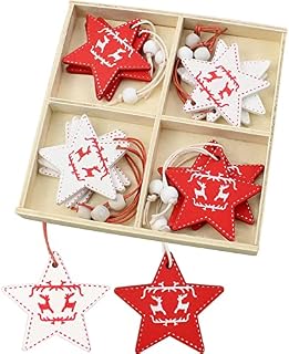 burkfeeg 12 Pcs Wooden Christmas Tree Hanging Pendant Decorations Star Shapes Christmas Tree Decorations Traditional Wooden Hanging Tags Christmas Tree Ornaments for Xmas Wedding