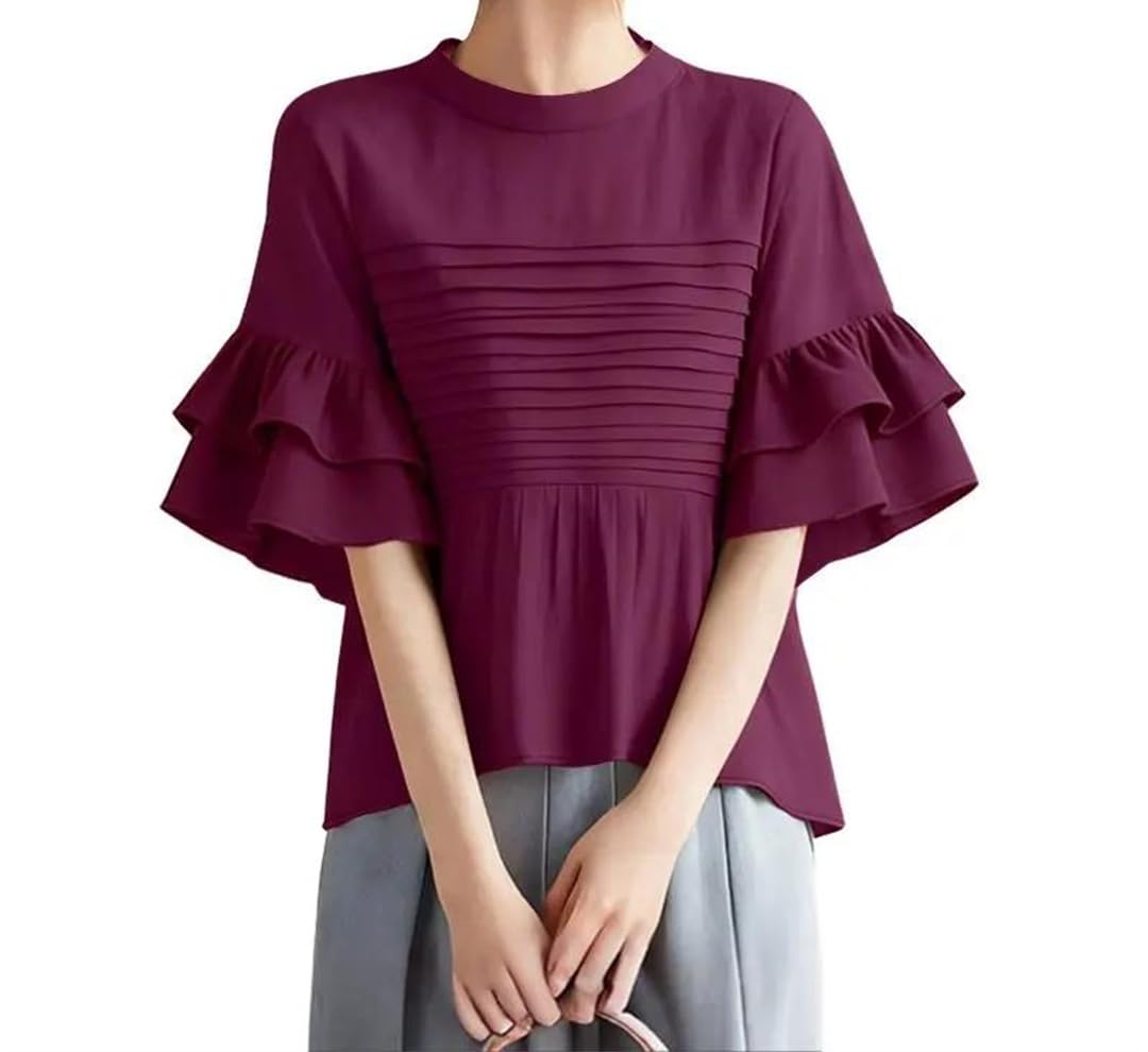 Camicette estive da donna eleganti da lavoro in ufficio o collo a maniche corte camicia elegante tinta unita plissettata tunica top