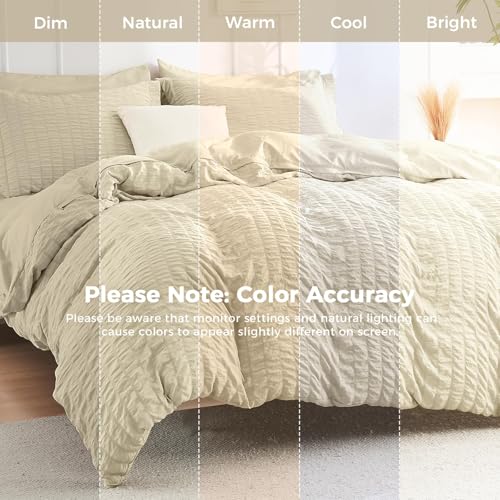 Image of HYMOKEGE Oatmeal Full Size Comforter Sets Seersucker 7 Pieces, All Season Luxury Bed in a Bag for Bedroom, Bedding Set with Comforter, Sheets, Pillowcases & Shams