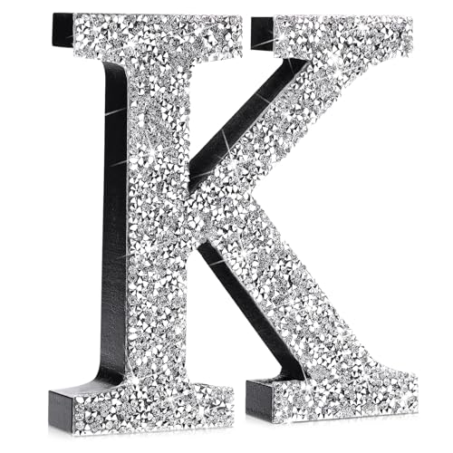 Qunclay Crystal Diamond Bling Letters Crushed Diamond Decorations Wooden Glitter Letters with Screw and Hooks Rhinestone Gifts for Christmas Wedding Bedroom Wall Decor(12''l X 12"w,Letter K,Silver)