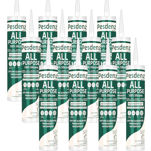 Gray Universal Silicone Caulk, 100% Silicone Sealant Outdoor Waterproof, Flexible Cartridge Adhesive Caulking for Aquarium RV Roof Window Door Kitchen Bathroom Bathtub Shower Seal, 10.1 Oz, 12 Pack