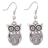 Tibetan Silver antique latticed pattern owl Ear Wire Hook Dangle Earrings