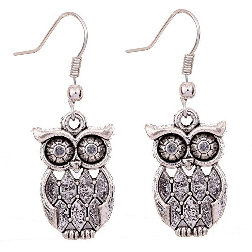 Tibetan Silver antique latticed pattern owl Ear Wire Hook Dangle Earrings
