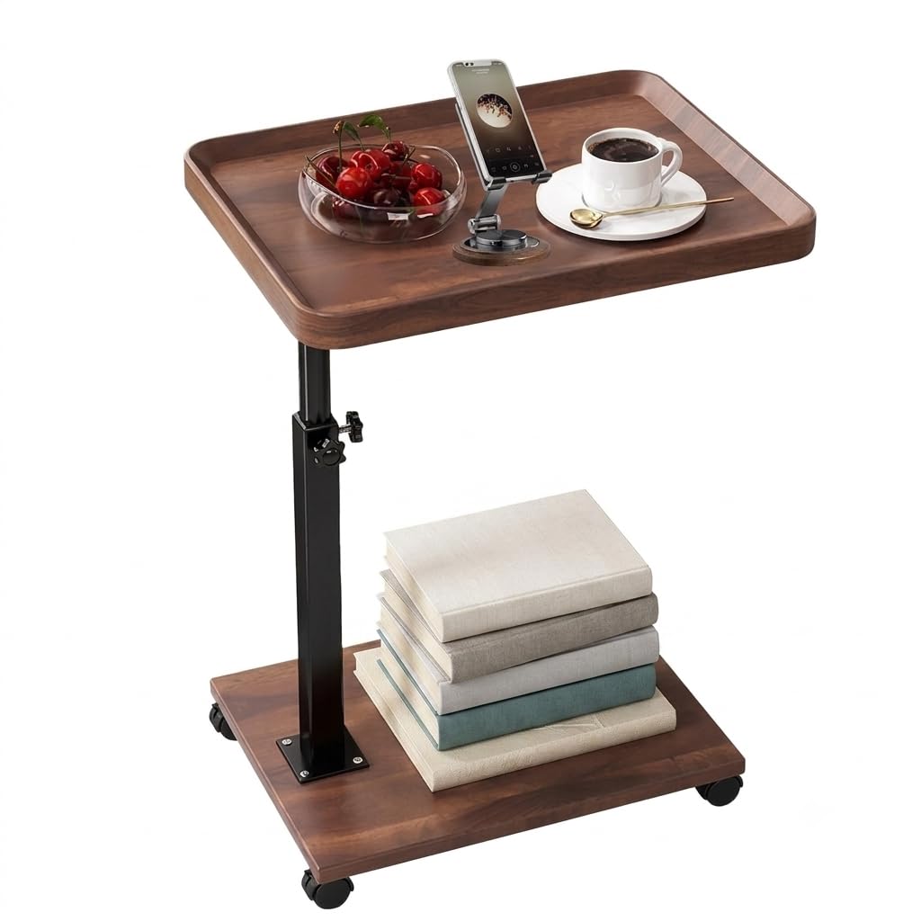 Tavolino Laterale Regolabile con Ruote – Altezza 45–80 cm, Design Rotante a 360°, Piano in MDF con Effetto Legno Noce, Struttura in Metallo Resistente, Tavolino Compatto per Divano, Letto, Sog