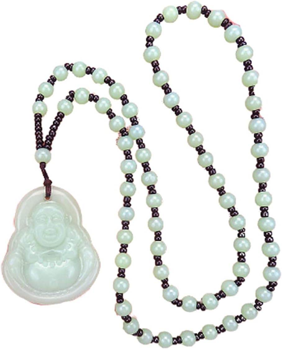 Laughing Buddha Pendant Necklace Green Black Imitation Jade Buddha Guanyin Crystal Beaded Rope Chain Gemstone Lucky Amulet Jewelry for Women Men-Light Green Buddha