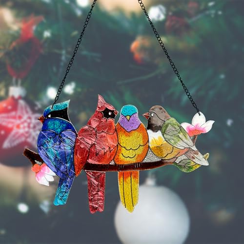 Image of DASTOLL Stained Glass Window Hanging - Large Suncatcher Stained Glass Birds on Branch, Sun Catchers for Indoor Window Doors Room Home Decoration Hummingbird Gifts for Bird Lovers