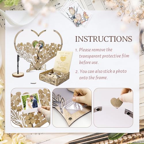 Image of Wedding Guest Book Alternative, Rustic Heart Shaped Wooden Guest Book with 100 Wooden Hearts Tree for Wedding Party Birthday, Personalized Wedding Decor with Guest Sign-In Box & Heart Frame for Photo
