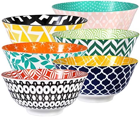 E-Gtong Ceramic Cereal Bowl 24 OZ, Porcelain Bowls Set of 6,Assorted Colorful Ceramic Bowl for Soup, Pasta, Salad and Rice, Microwave & Dishwasher Safe