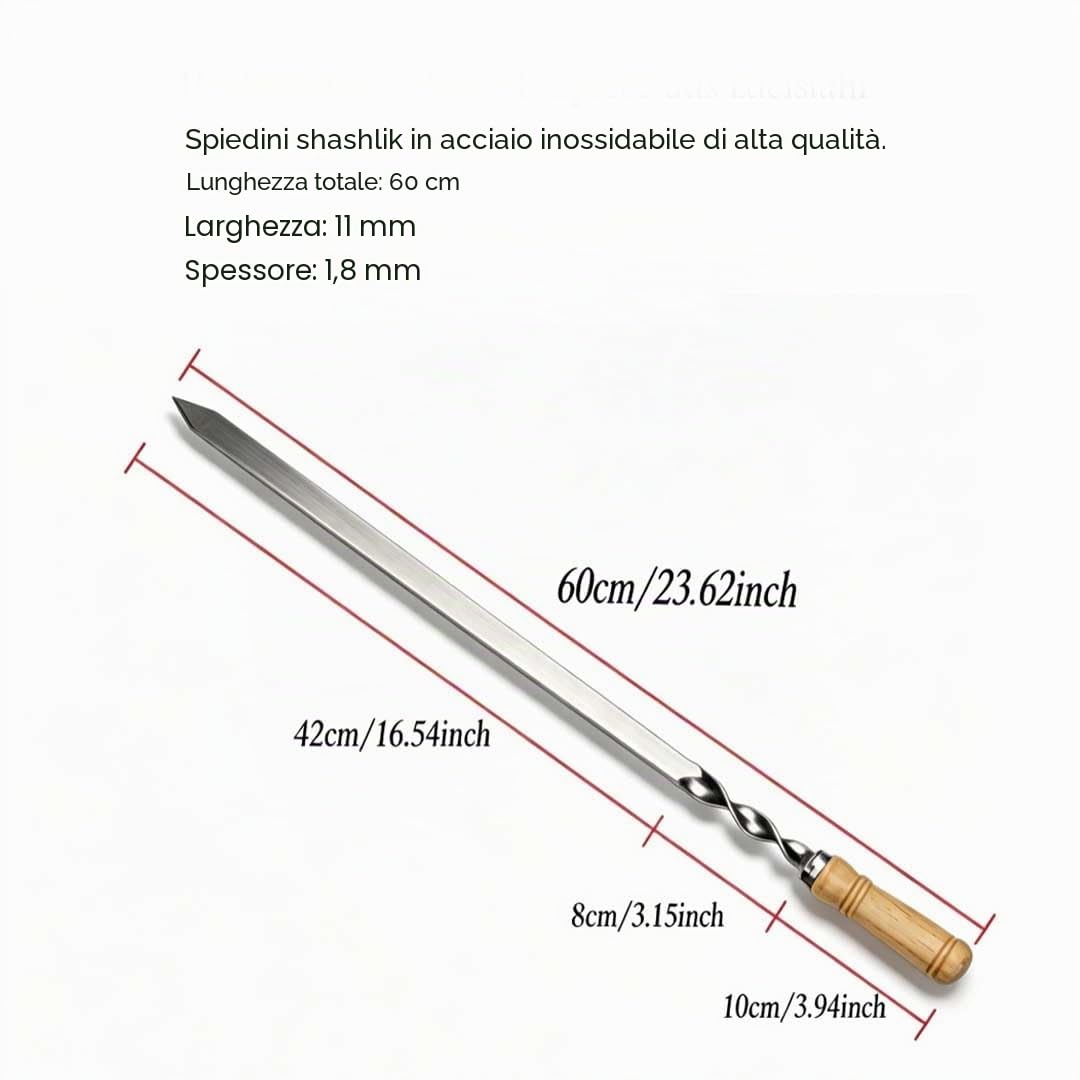 6 spiedini lunghi in acciaio inox con manico in legno (60 cm di lunghezza, 6 pezzi con manico in legno)