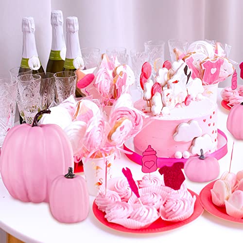Image of Winlyn 7 Pcs Assorted Sizes Fall Artificial Pink Pumpkins Harvest Faux Foam Pumpkins for Fall Autumn Season Halloween Thanksgiving Harvest Holiday Season Festive Tabletop Decoration