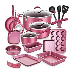 NutriChef Metallic Nonstick Ceramic Cooking Kitchen Cookware Pots and Pan Baking Set with Lids and Utensils, 20 Piece Set, Marron Pink