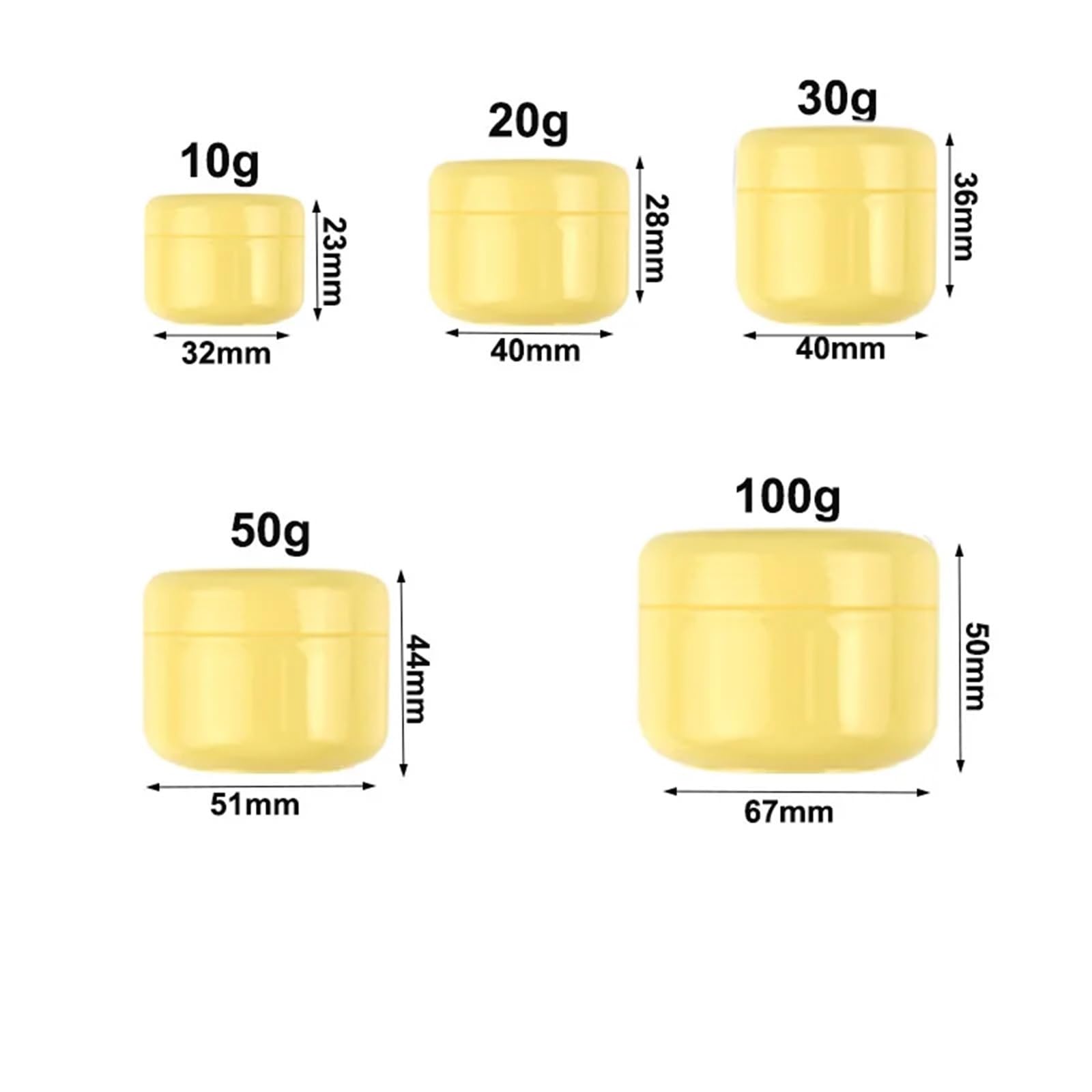 Tarros de cosméticos， 20 piezas 10g/20g/30g/50g/100g frasco de maquillaje vacío bote amarillo botellas de muestra recargables crema facial de viaje loción contenedor cosmético for cremas(100g)