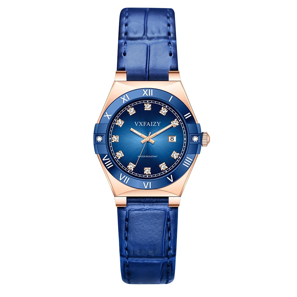 Reloj Mujer Elegante con Marcadores de Cristal y Correa de Cuero Auténtico Reloj con Calendario para Damas