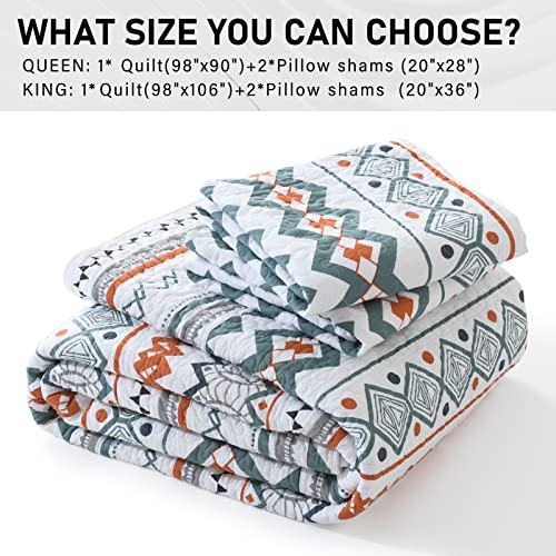 Perhom Quilts Queen Size - 100% Cotton Bohemian Queen Quilt Set, Aztec Queen Quilt Bedding Set Bedspreads, Boho Reversible Lightweight Striped Quilts For All Seasons, Turquoise/Tangerine, 3-Pieces #TOP5