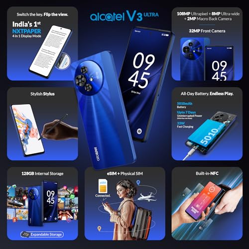 Image of Alcatel V3 Ultra 5G (Hyper Blue, 8GB+128GB) | India's 1st Patented NXTPAPER Superior Display |Segment's 1st Smartphone with Stylus | 108MP Ultra Pixel Camera | eSIM, NFC | with Charger