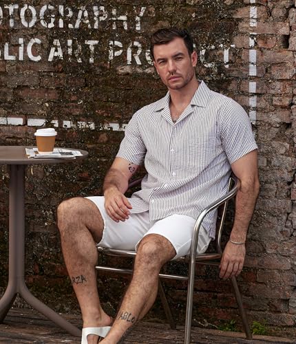 Image of VATPAVE Mens Striped Summer Shirt Casual Button Down Short Sleeve Beach Shirts Cotton Shirts for Men