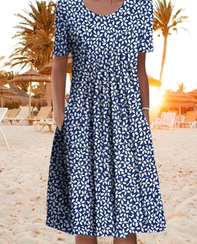 Womens Boho Dresses Short Sleeve Crewneck Casual Floral Print Beach Vacation Dress with Pockets for 2025 Summer4