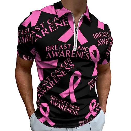 Pink Breast Cancer Awareness Men's Zippered Polo Shirt Casual Short Sleeve T Shirts Classic Fit Tee Top