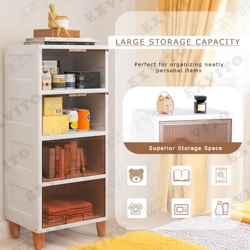 Image of EXVITO 2 Tier Foldable Wardrobe for Bedroom Clothes Storage Cabinet | Collapsible Plastic Almirah Organizer with Magnetic Doors & Wheels | Stackable Cupboard for Clothes Storage - Beige